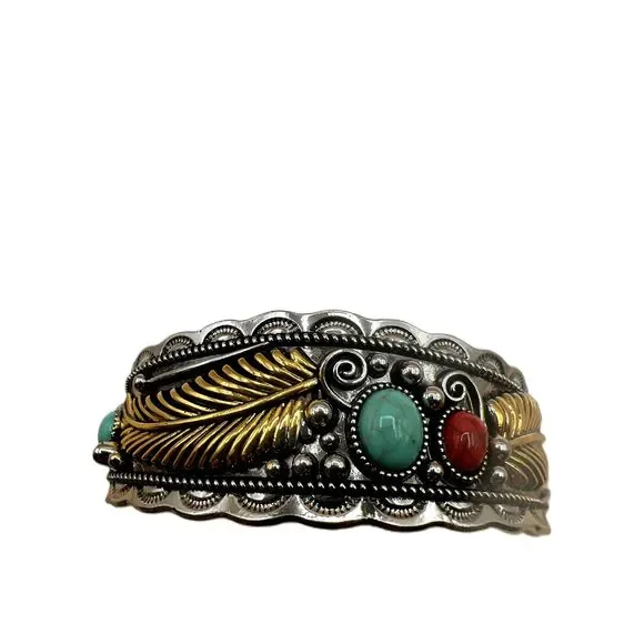 NEW Silver Gold Accents Faux Turquoise Stone Red Stone Boho Bracelet - Picture 6 of 11